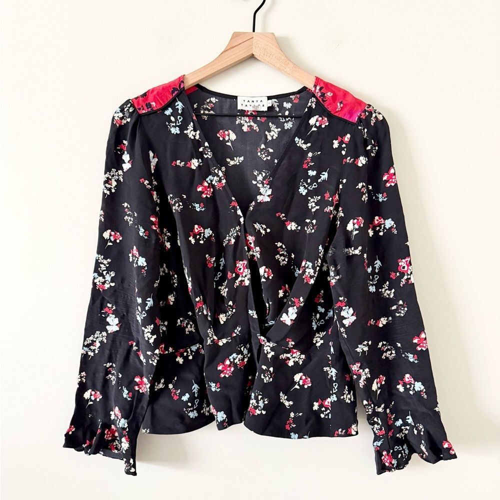 Tanya Taylor Silk Long Sleeve Wrap Blouse in Black and Red Floral Size 12
